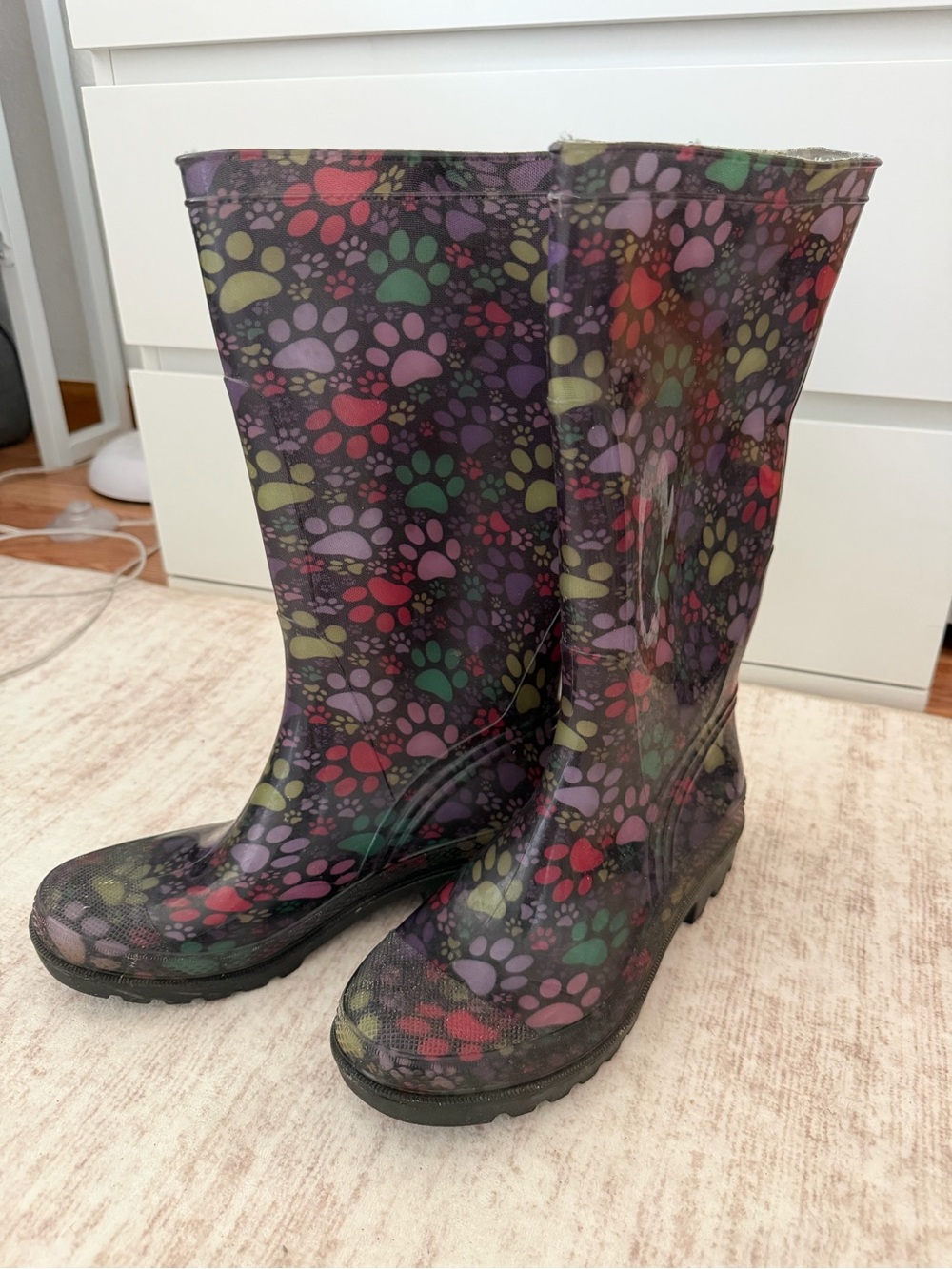 Women’s Waterproof Rain Boots with Colorful Paw Print Pattern